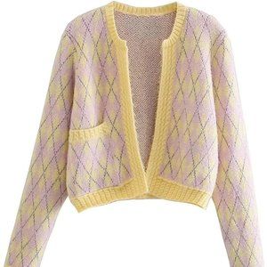 ARGYLE KNIT CARDIGAN WITH METALLIC THREAD, Yellow / Pink | Sz S, NWT